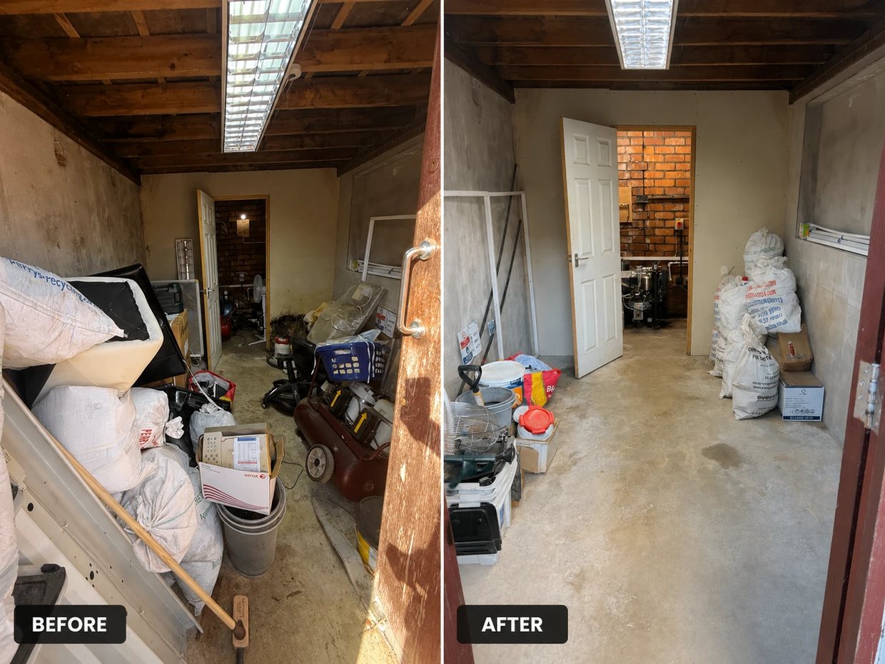 Before and after: an old Clarke Air industrial compressor replaced with two Cattani AC300 dental compressors on a tandem control panel
