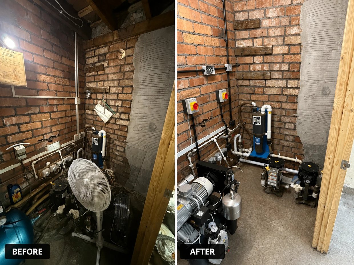 Before and after of the dental plant room — old equipment replaced with two Cattani AC300 compressors, a dryer stack and isolators