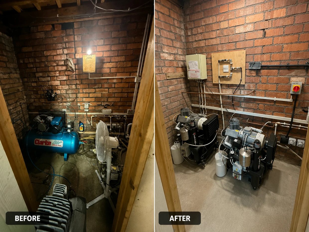 Before and after of the plant room — cleared of clutter and left clean and tidy