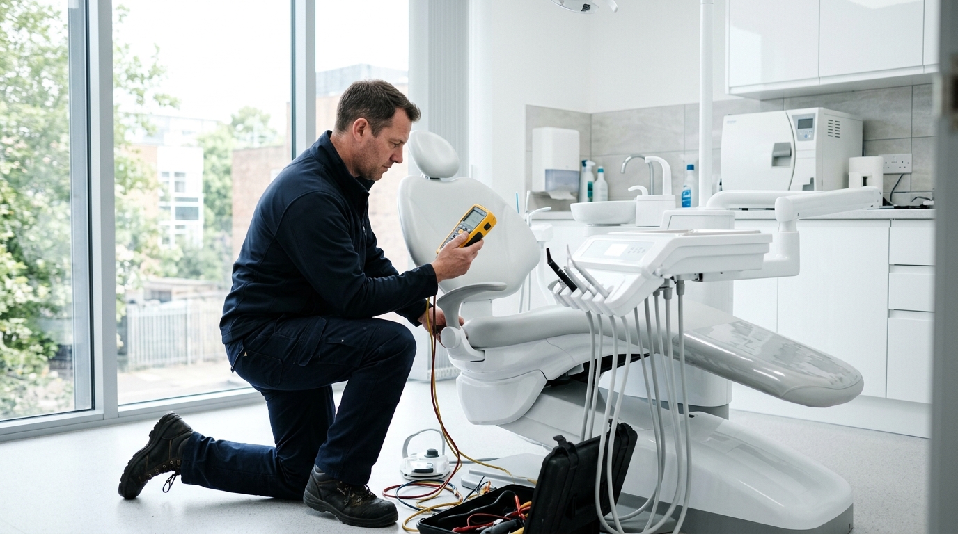 A Precision Dental engineer commissioning a treatment unit and taking readings on site