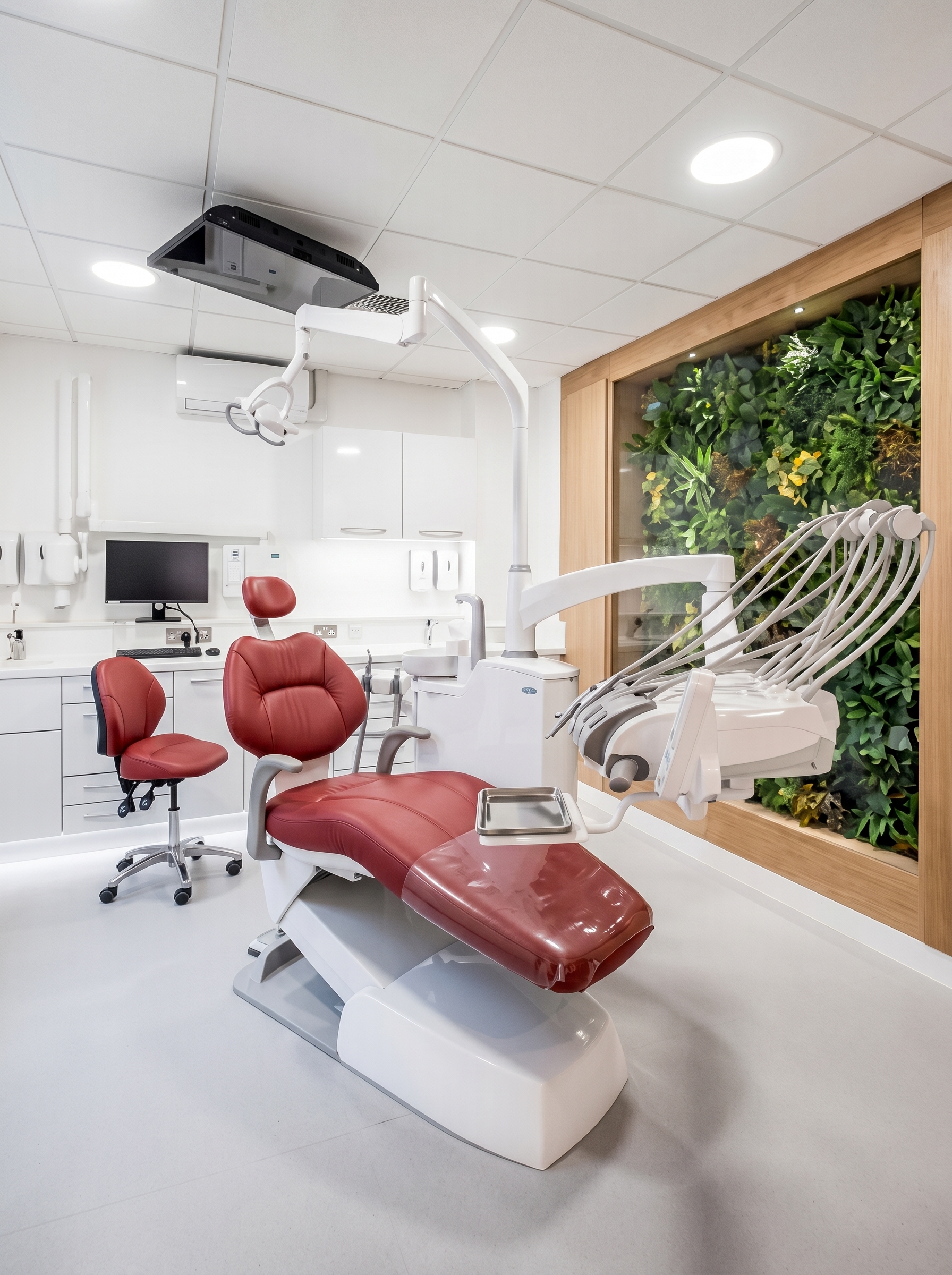 A modern dental surgery with a maple-red treatment chair and assistant stool, delivery unit and a living green plant wall