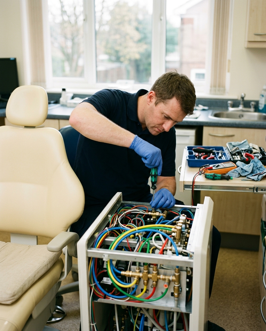 A dental engineer servicing the exposed internal wiring and pipework of an opened delivery unit beside a treatment chair