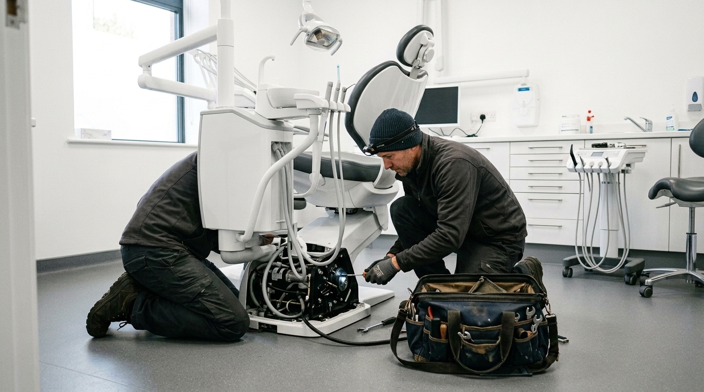 Two Precision Dental engineers servicing the base of a dental chair unit in a modern surgery