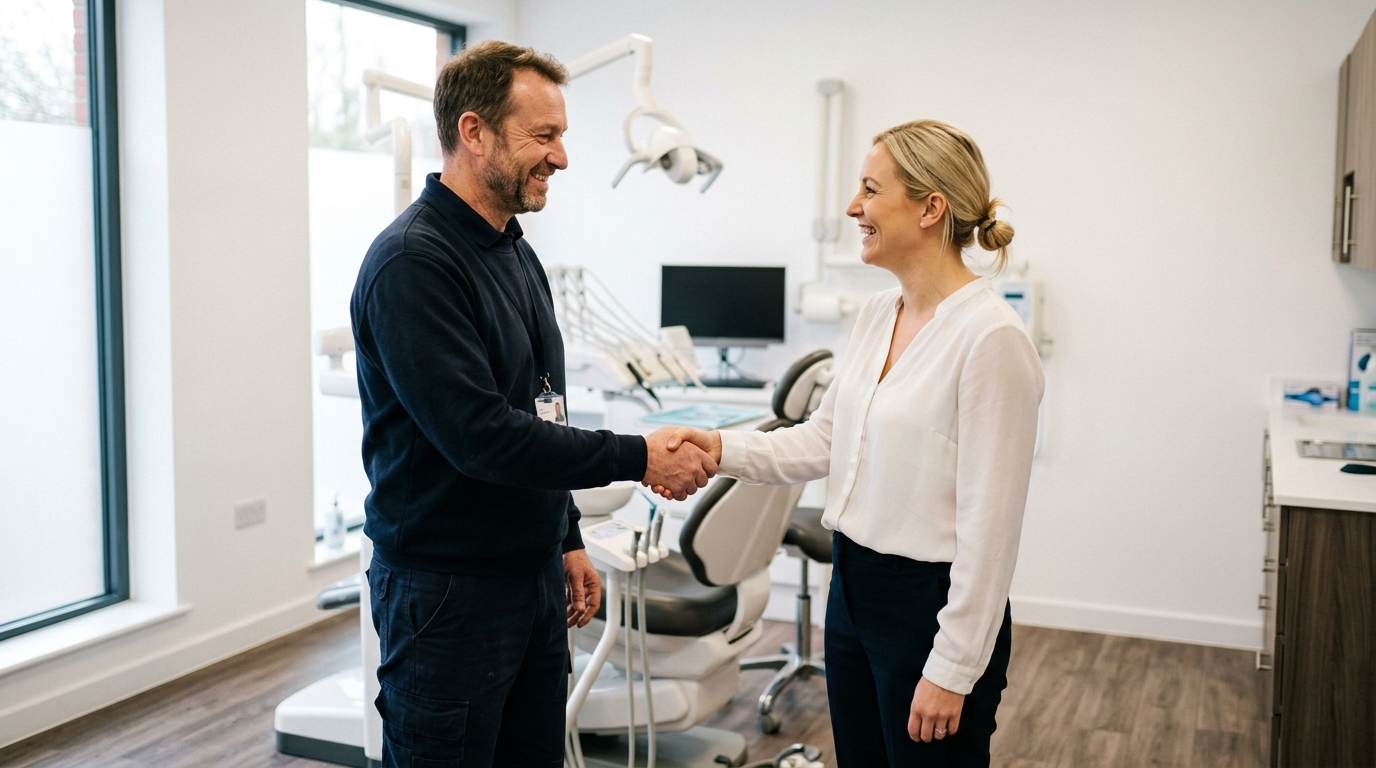 A Precision Dental engineer and a smiling practice manager shaking hands in a modern dental surgery