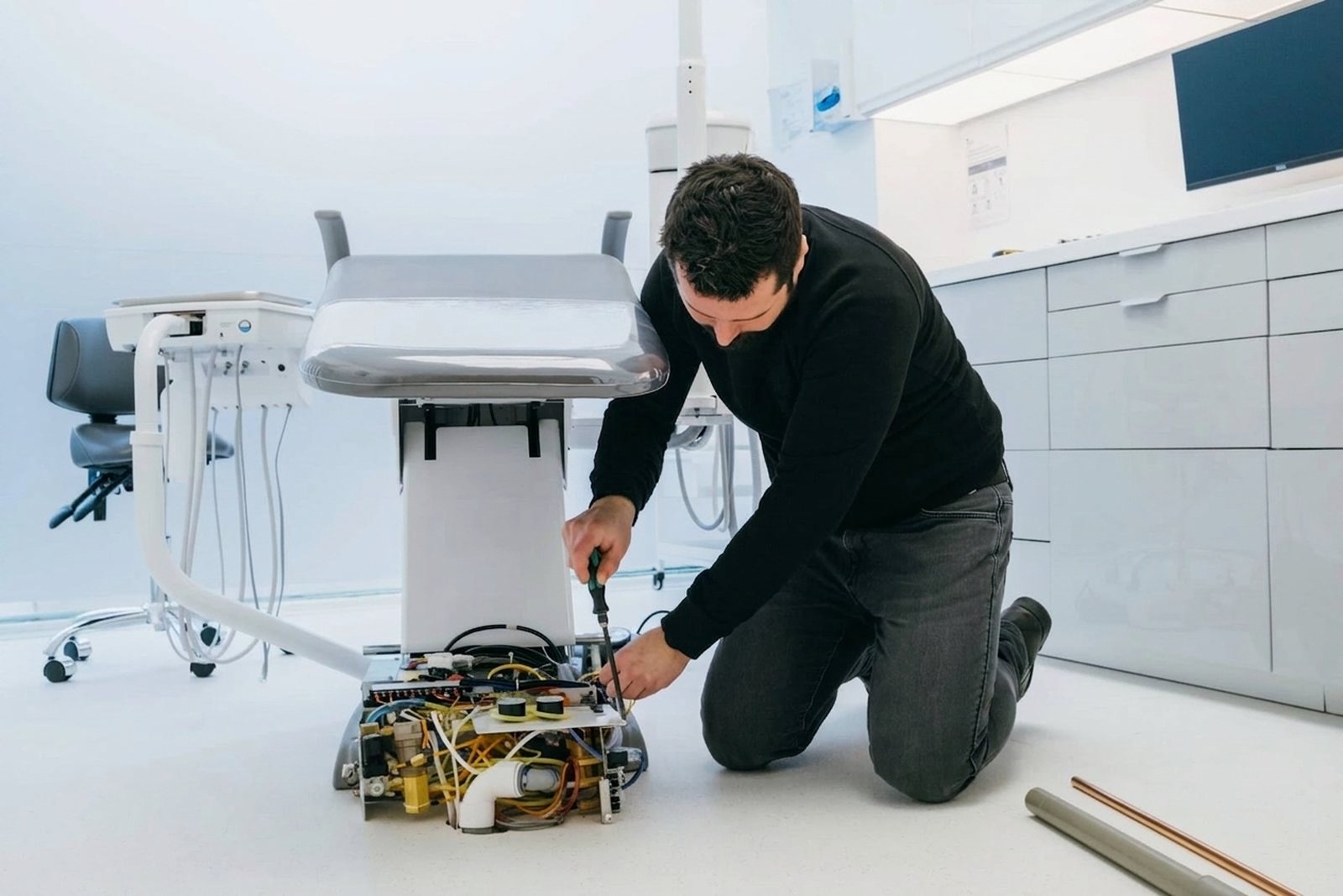 A Precision Dental engineer servicing the base of a dental chair unit in a modern surgery