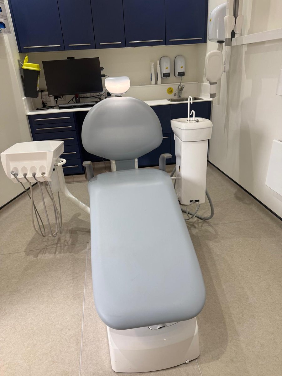 Front view of the refurbished Belmont Voyager 3 dental chair installed at R&G Dental